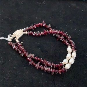 Two strands garnet and pearl bracelet silver clasp